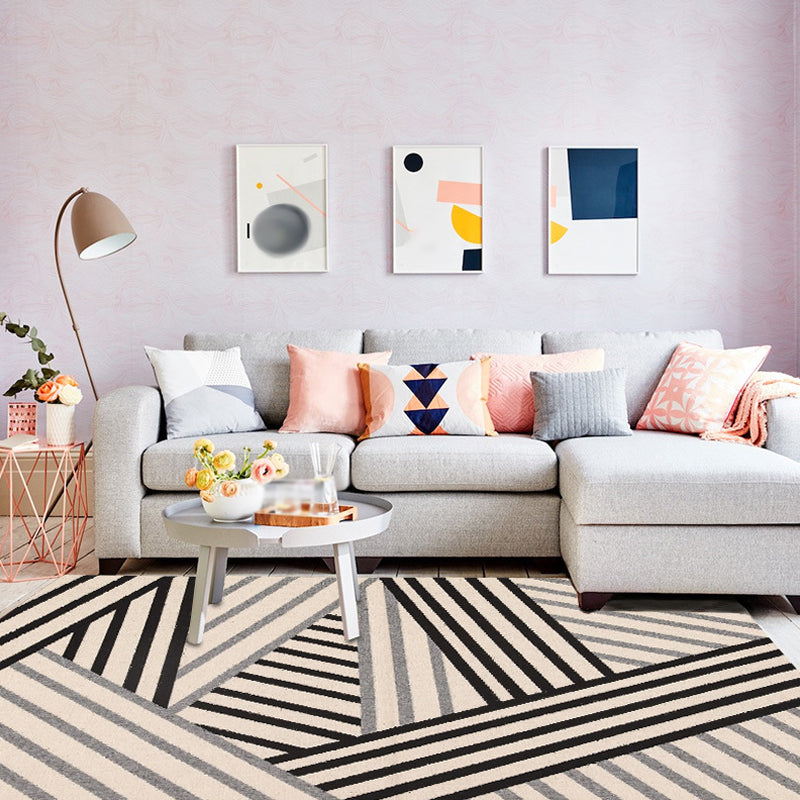 Ivory and Black Bedroom Rug Modern Geometric Stripe Pattern Area Rug Polyester Non-Slip Rug | Bowlift