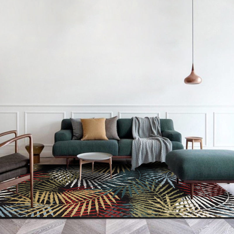 BowLift | Black Bedroom Carpet Vintage Botanical Leaf Pattern Area Rug Polyester Pet-Friendly Washable Rug