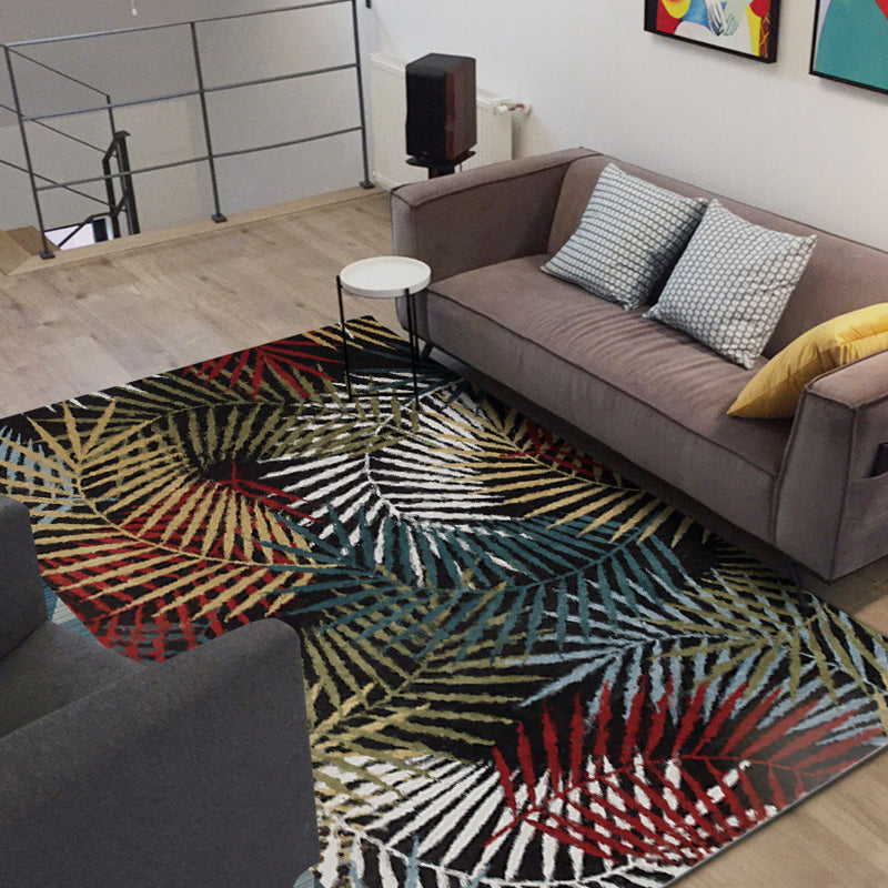 BowLift | Black Bedroom Carpet Vintage Botanical Leaf Pattern Area Rug Polyester Pet-Friendly Washable Rug