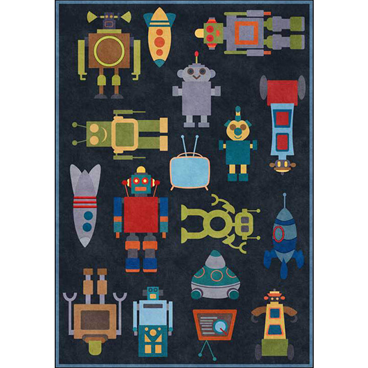 BowLift | Unique Children's Carpet in Blue Extraterrestrial Robot Rocket Pattern Carpet Polyester Non-slip Underlay Carpet for Children's Room