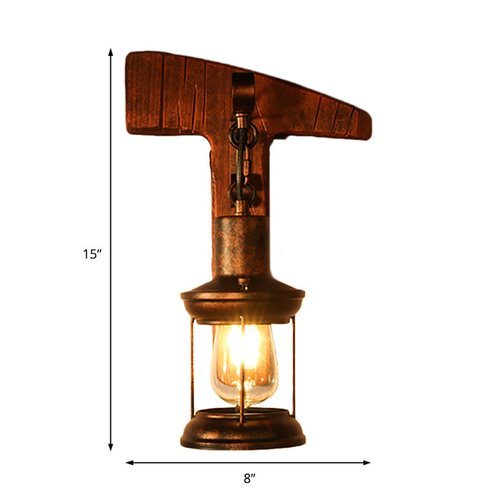 BowLift | Rust One-Light Wall Light Coastal Clear Glass Lantern Lighting Fixture with Wood Back Plate