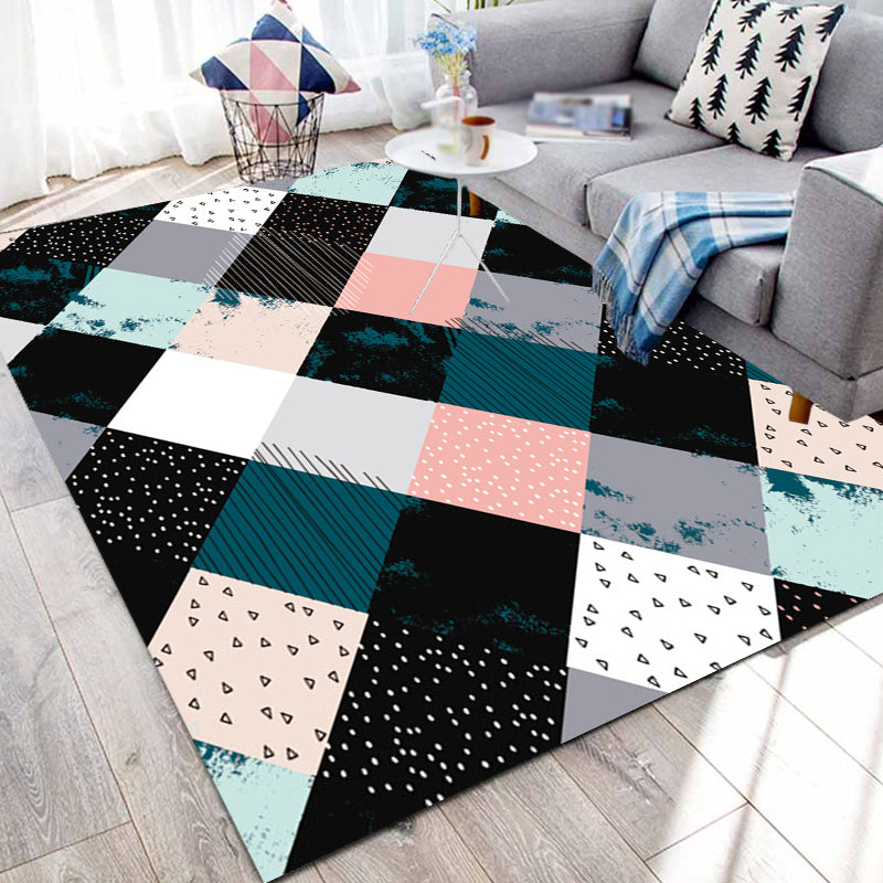 Multicolored Bedroom Rug Modern Geometric Square Pattern Area Rug Polyester Washable Pet-Friendly Rug | Bowlift