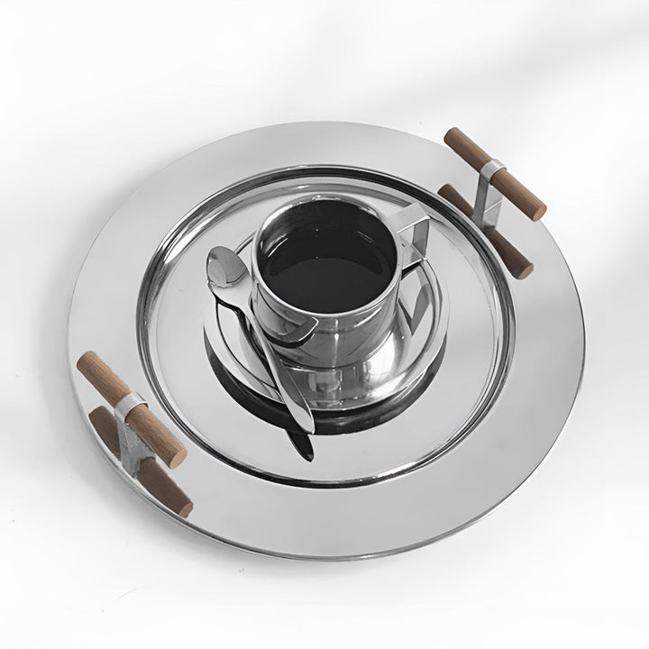 BowLift | Elegant Stainless Steel Round Tray with Wooden Handles