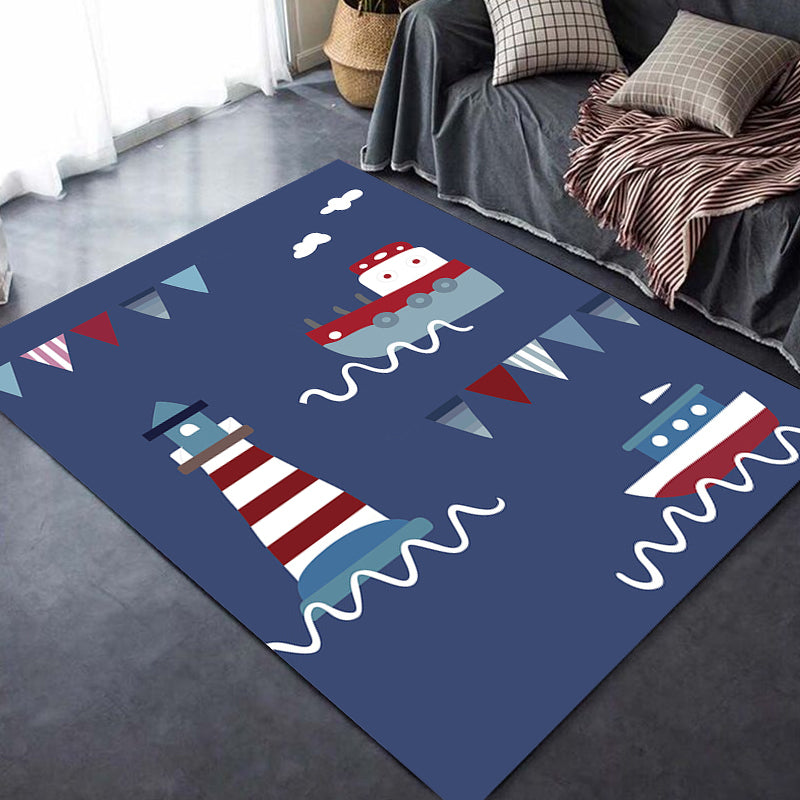 BowLift | Blue Children's Carpet Polyester Lantern and Ship Pattern Carpet Pet Friendly Washable Non-Slip Backing Carpet for Decoration