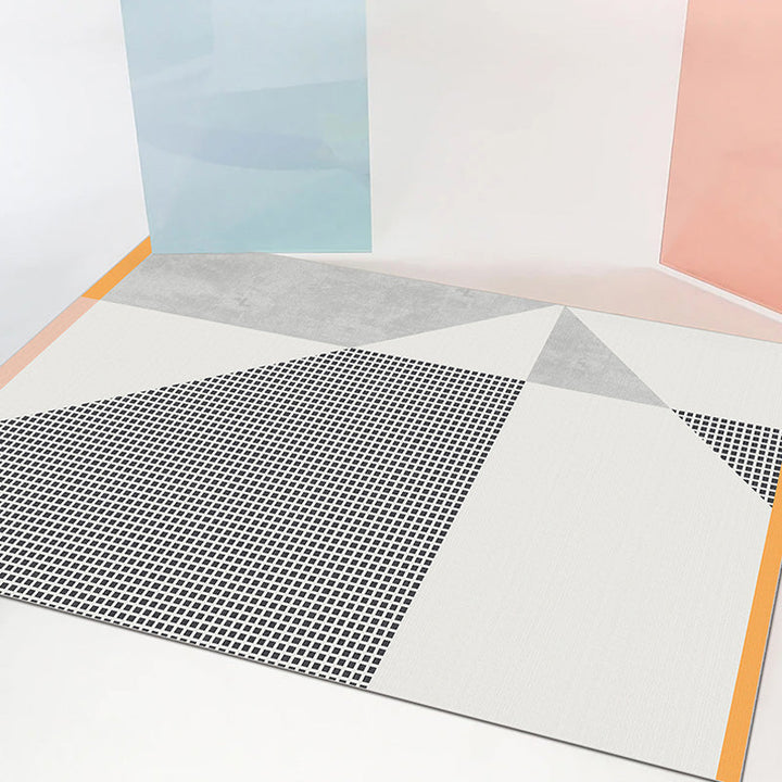 Contemporary geometric patterned rug with stripes gray polyester rug non-slip backing washable pet-friendly rug for the bedroom | Bowlift