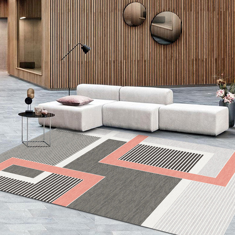 Contemporary geometric patterned rug with stripes gray polyester rug non-slip backing washable pet-friendly rug for the bedroom | Bowlift