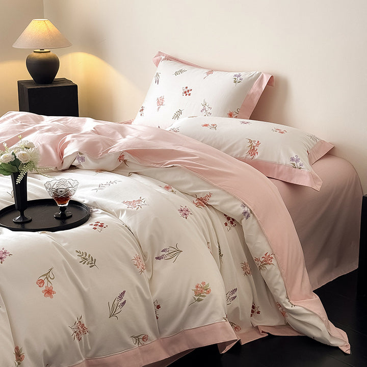 Cotton bedding set, 4-piece, floral pattern