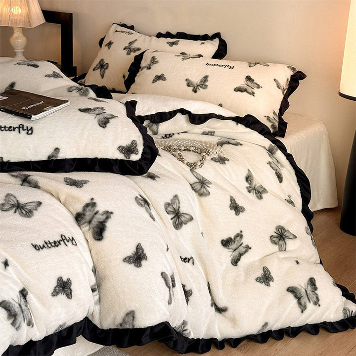 French milk fiber fleece bedding set with bow pattern