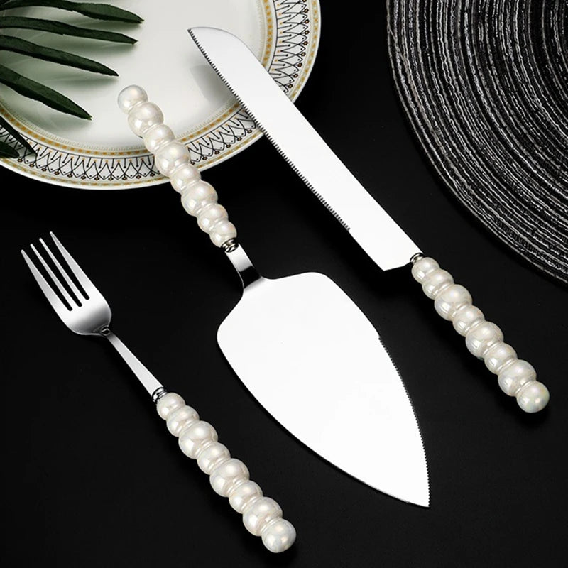 BowLift | Creative Pearl Ceramic Handle Cake Knife and Spatula Set Stainless Steel