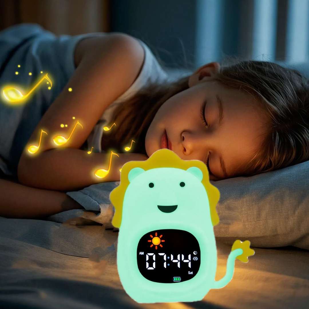 Child-friendly sleep trainer with wake-up light and night light