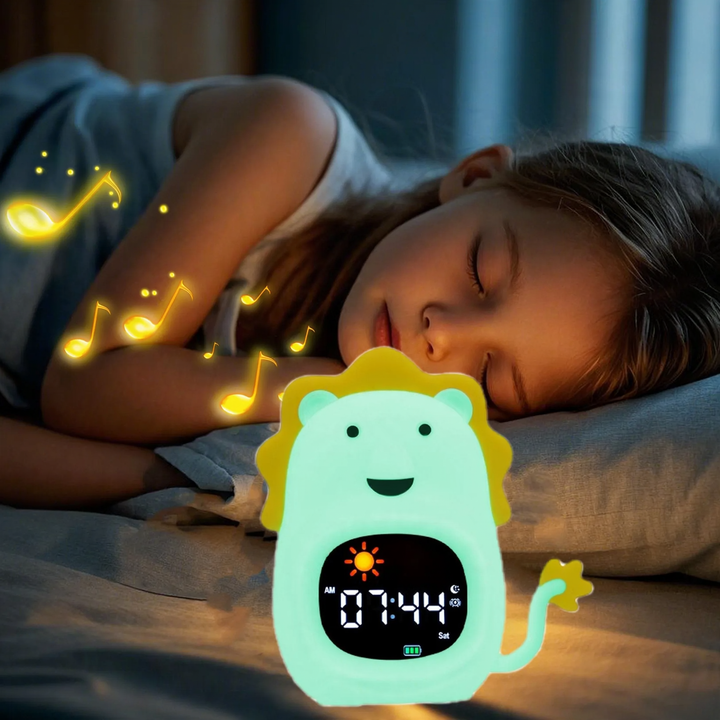 Child-friendly sleep trainer with wake-up light and night light