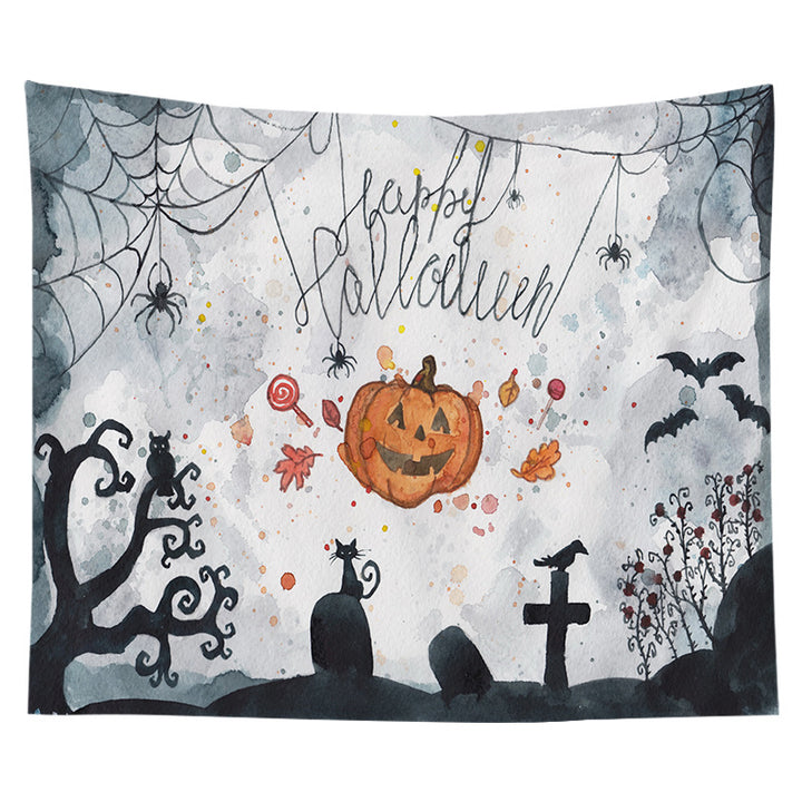 Halloween Decorative Wall Tapestry with Pumpkin Jack-O'-Lantern Print