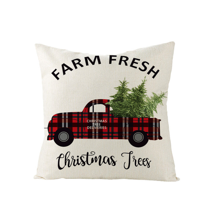 Square Linen-Blend Holiday Throw Pillow Cover with Buffalo Plaid Tree and Script Greeting