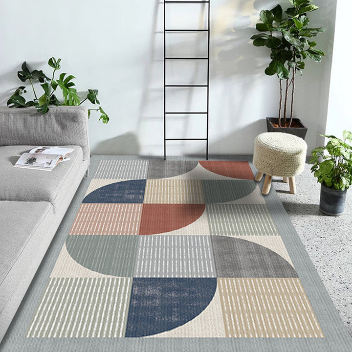 Multicolored geometric patterned rug with striped polyester modern rug washable non-slip backing rug for the study | Bowlift