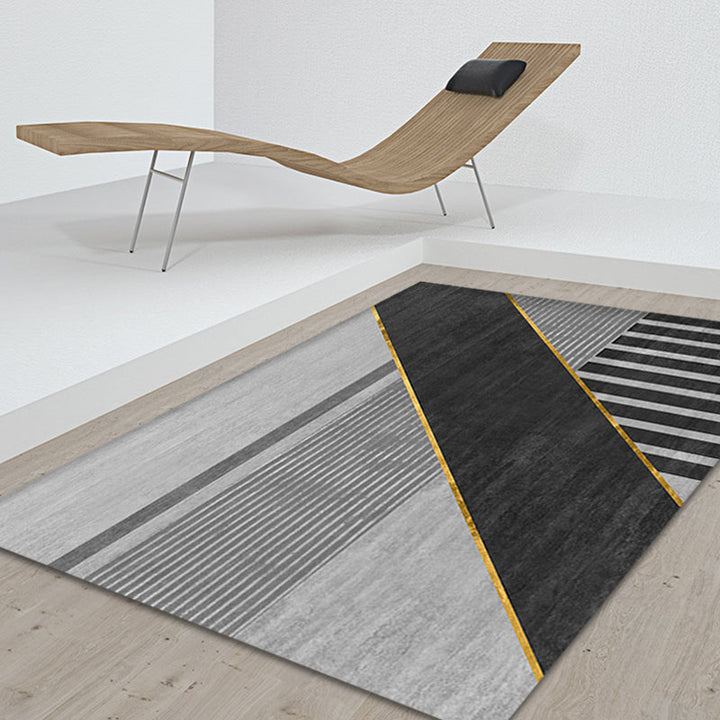 Black geometric patterned rug with stripes, modern area rug made of polyester, washable, non-slip backing rug for the study | Bowlift
