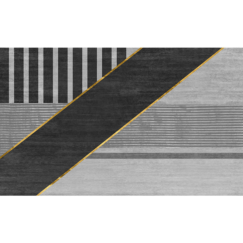 Black geometric patterned rug with stripes, modern area rug made of polyester, washable, non-slip backing rug for the study | Bowlift