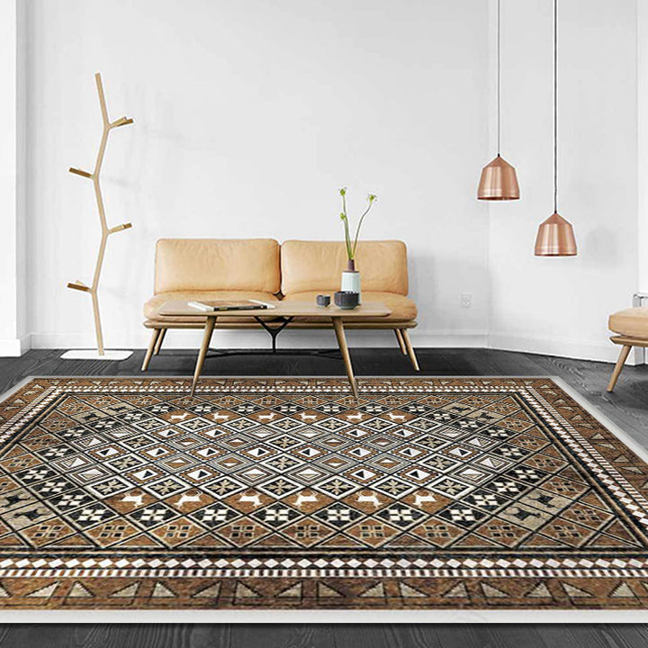 Moroccan Living Room Rug Brown Tribal Geometric Pattern Rug Polyester Washable Non-Slip Pet-Friendly Rug | Bowlift