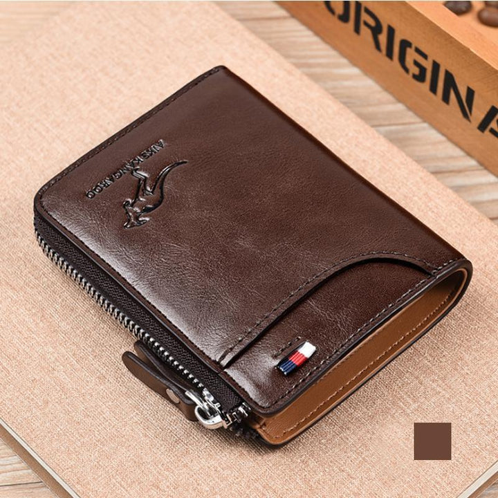 Men's RFID-Blocking Leather Wallet with Zipper Closure