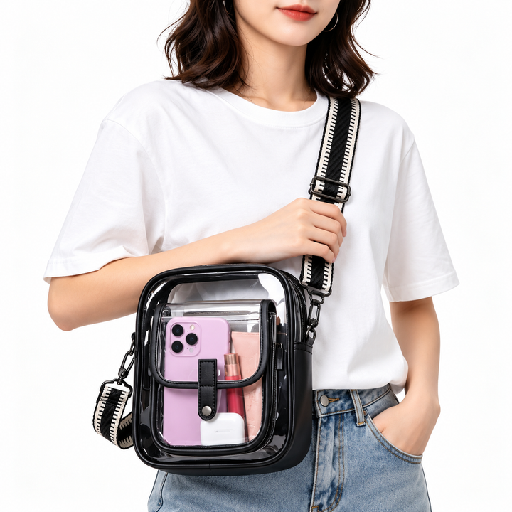 Clear PVC Crossbody Bag with Wide Adjustable Jacquard Strap and Front Pocket Bowlift