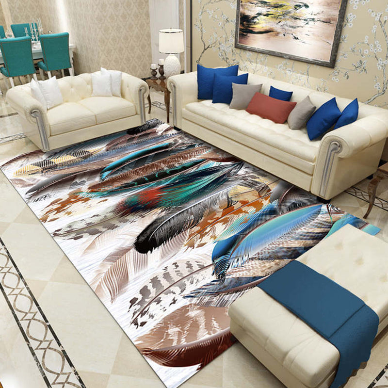 BowLift | Multi-Color Living Room Rug Tropical Leaf and Feather Design Rug Polyester Pet-Friendly Washable Non-Slip Rug