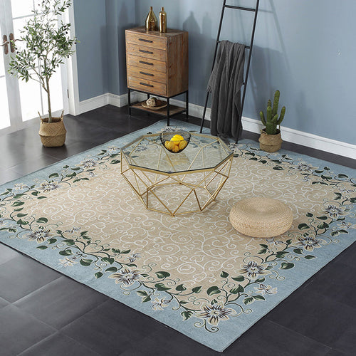 BowLift | Blue Living Room Carpet Vintage Leaf Pattern Indoor Carpet Polyester Pet Friendly Washable Non-Slip Back Carpet