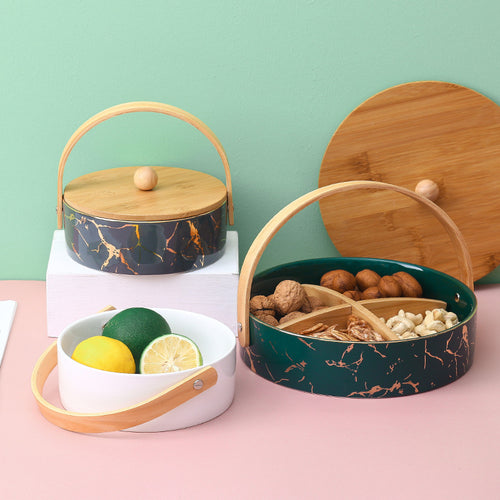 Kitchen organizer with bamboo handle and four-part insert, marbled snack bowl