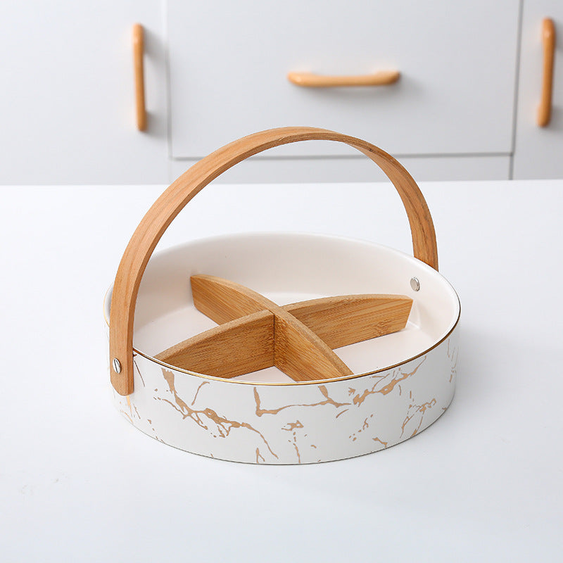 Kitchen organizer with bamboo handle and four-part insert, marbled snack bowl