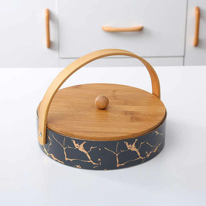 Kitchen organizer with bamboo handle and four-part insert, marbled snack bowl