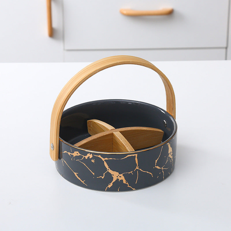 Kitchen organizer with bamboo handle and four-part insert, marbled snack bowl