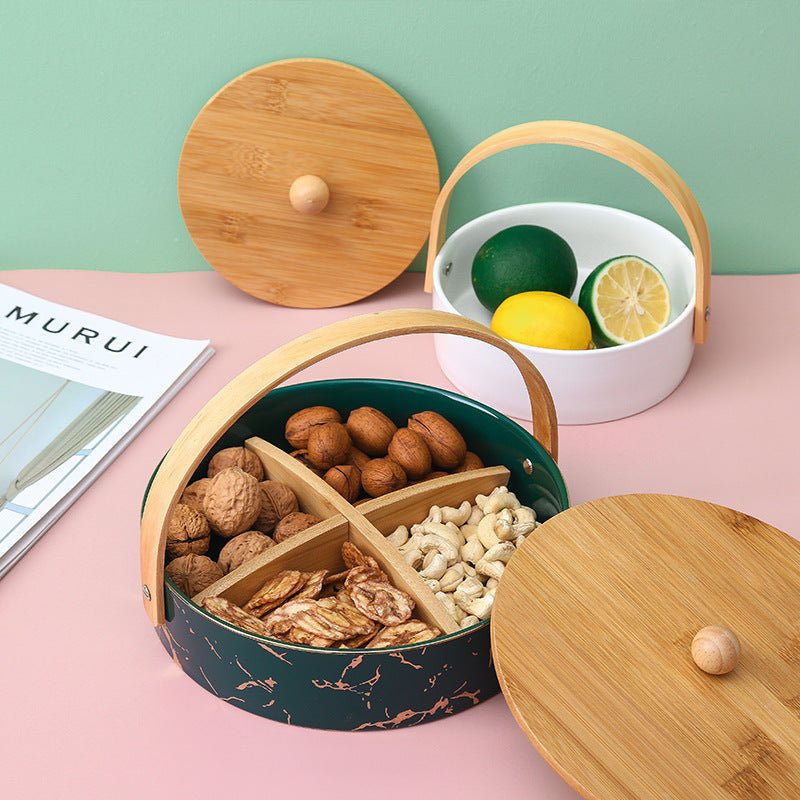 Kitchen organizer with bamboo handle and four-part insert, marbled snack bowl