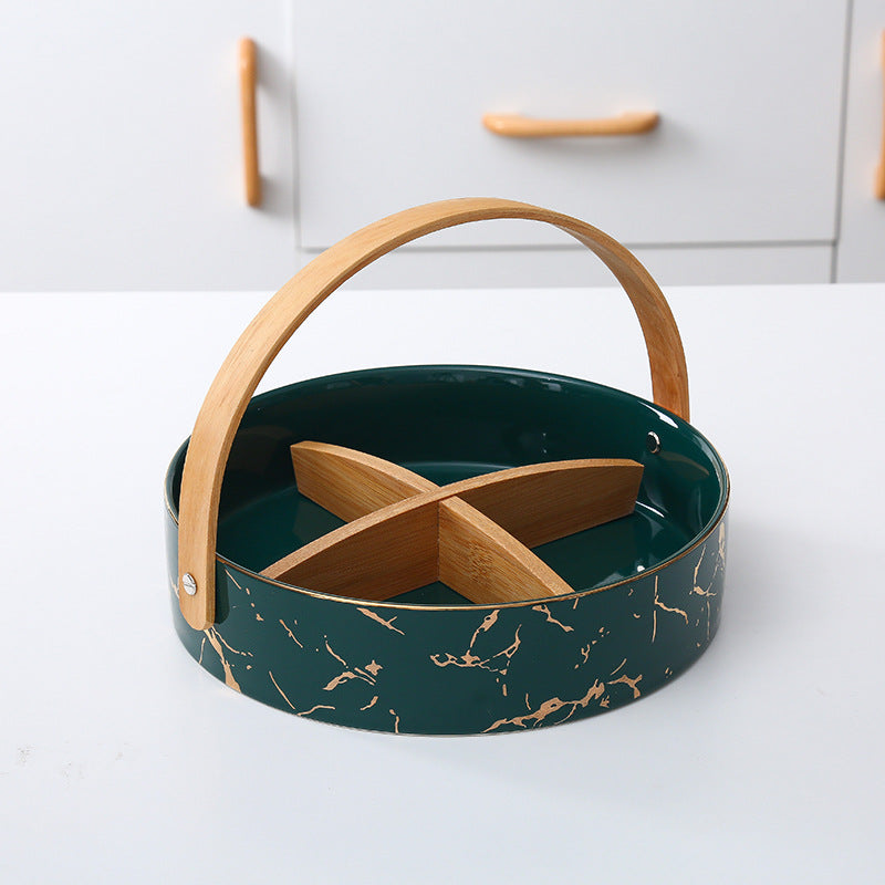 Kitchen organizer with bamboo handle and four-part insert, marbled snack bowl