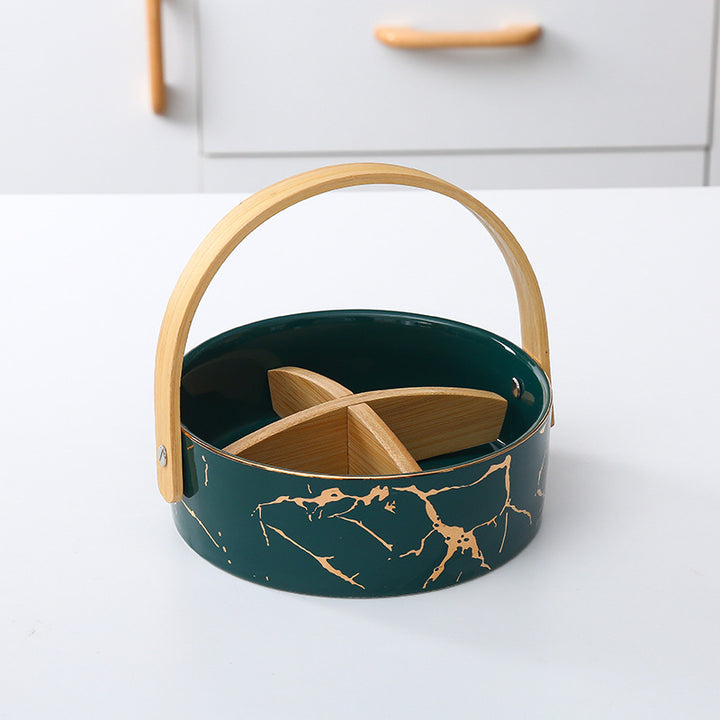 Kitchen organizer with bamboo handle and four-part insert, marbled snack bowl