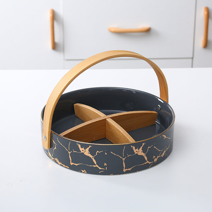 Kitchen organizer with bamboo handle and four-part insert, marbled snack bowl
