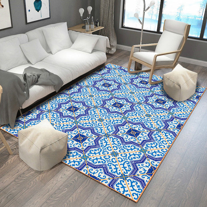 Blue Bedroom Carpet Moroccan Flower Polygon Pattern Rug Polyester Machine Washable Rug | Bowlift