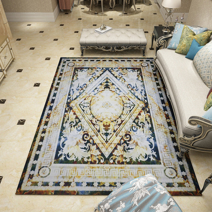 Mediterranean Moroccan rug in black and white medallion floral pattern rug polyester washable rug for home decor | Bowlift