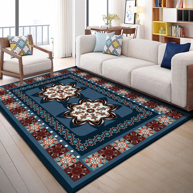 Blue Bedroom Rug Moroccan Flower Dots Rectangular Printed Rug Polyester Non-Slip Rug | Bowlift