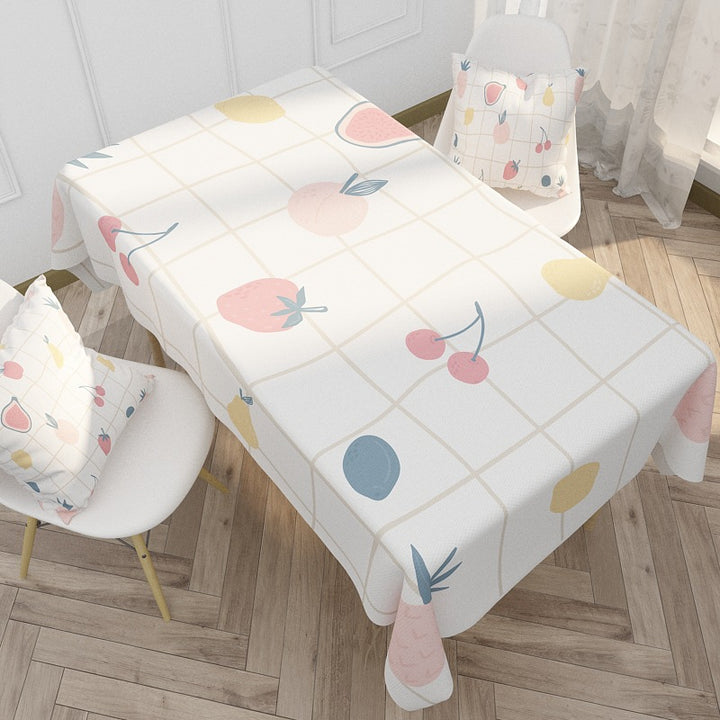 Printed Cotton-Linen Rectangular Tablecloth with Pastel Fruit Grid Pattern and Stain-Resistant Finish