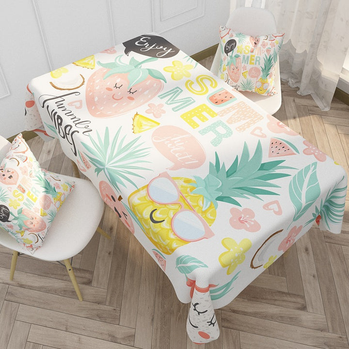 Printed Cotton-Linen Rectangular Tablecloth with Pastel Fruit Grid Pattern and Stain-Resistant Finish