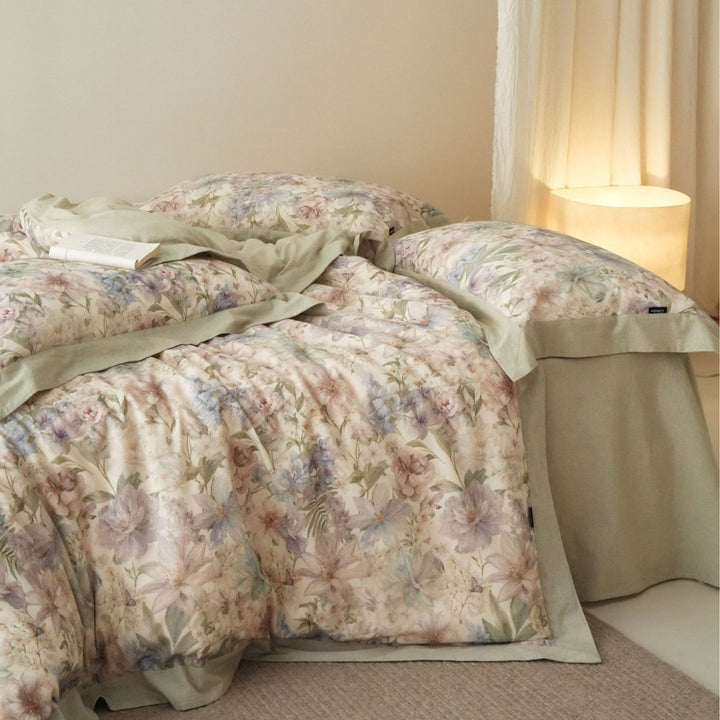 Bedding set cotton-linen, 4-piece, floral pattern, vintage