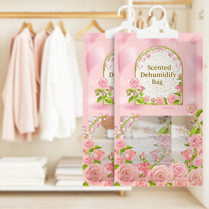 Hanging dehumidifier bag against moisture and mold