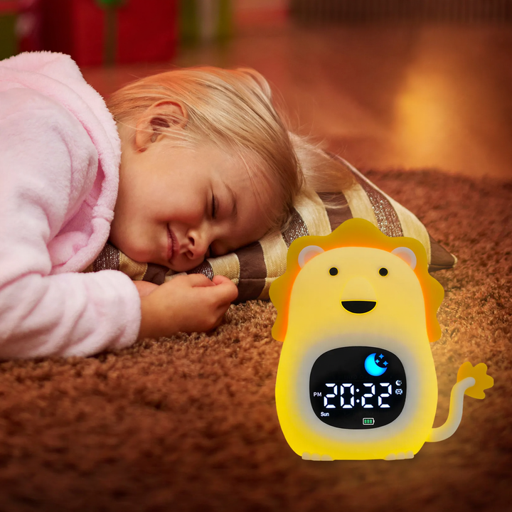 Child-friendly sleep trainer with wake-up light and night light