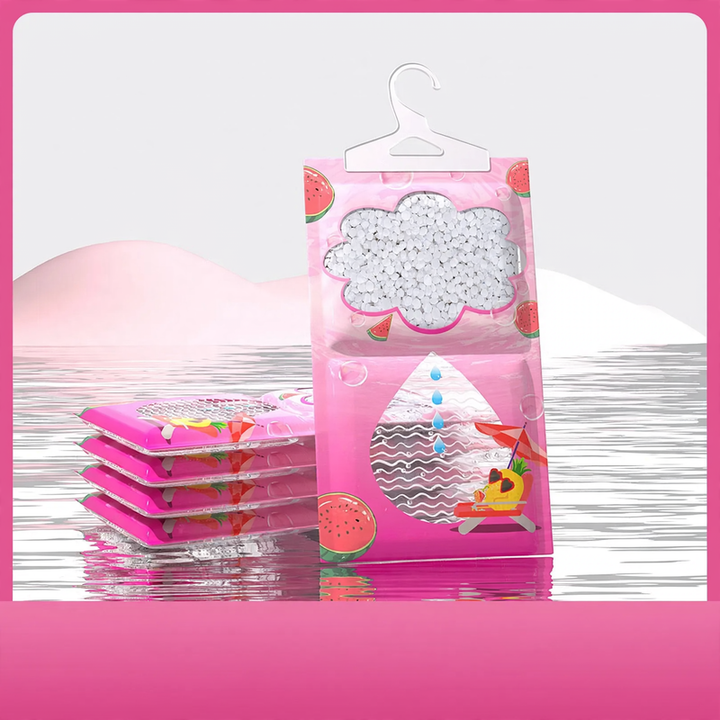 Hanging dehumidifying bags for wardrobes
