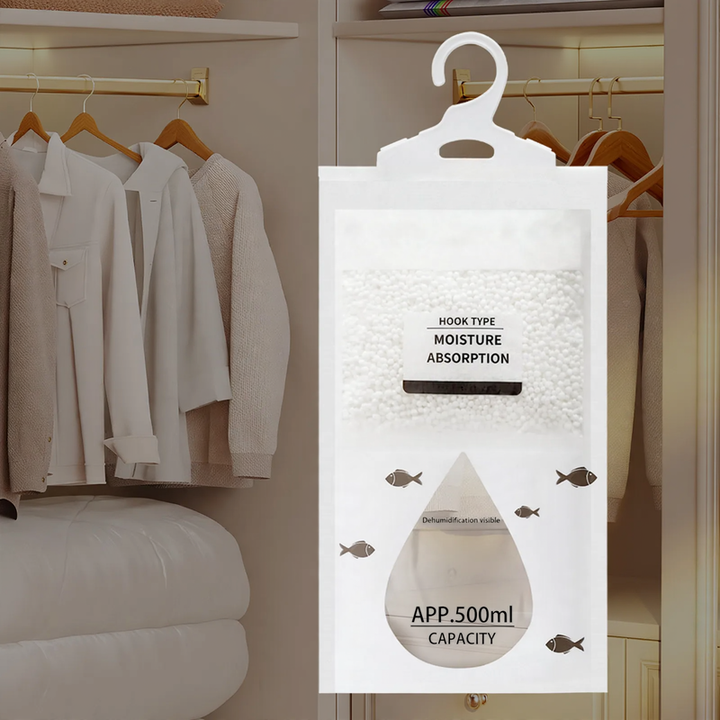 Hanging dehumidifier bag for wardrobes