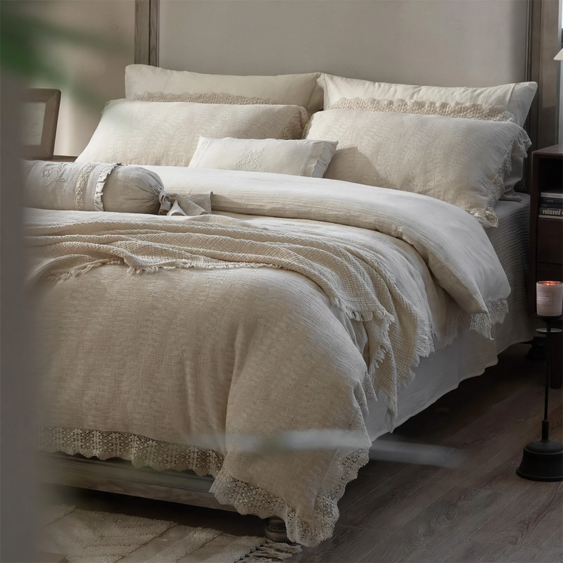 French Linen-Cotton Bed Linen Set with Lace Trim
