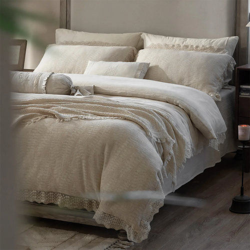 French Linen-Cotton Bed Linen Set with Lace Trim