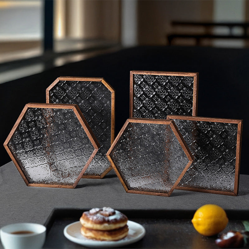 Wood glass tray with hawthorn pattern, European