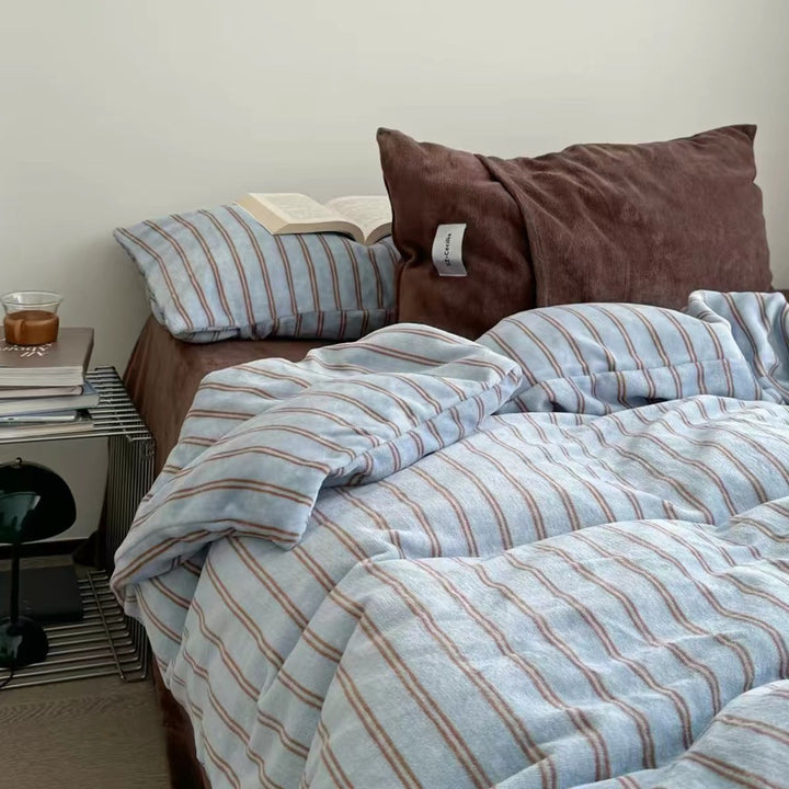 Striped milk fiber fleece bedding set, warming