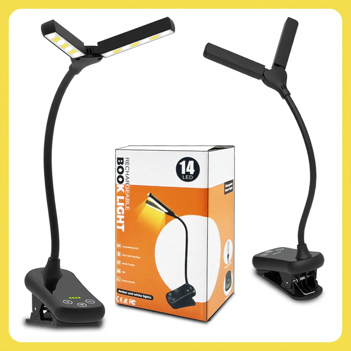 LED Reading Lamp with Clip, Double Head, Dimmable and Battery Indicator