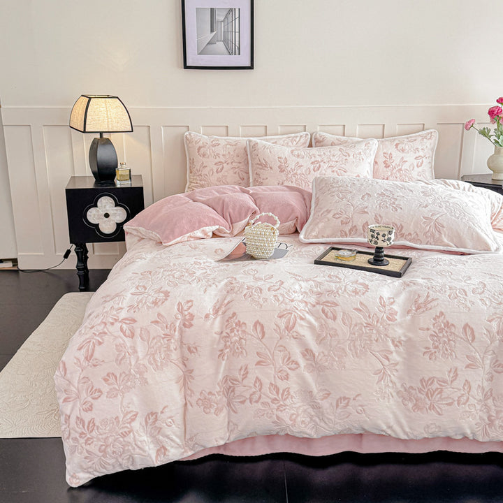 French milk fleece bedding set, floral, warm