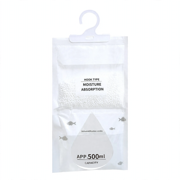 Hanging dehumidifying bag for wardrobes